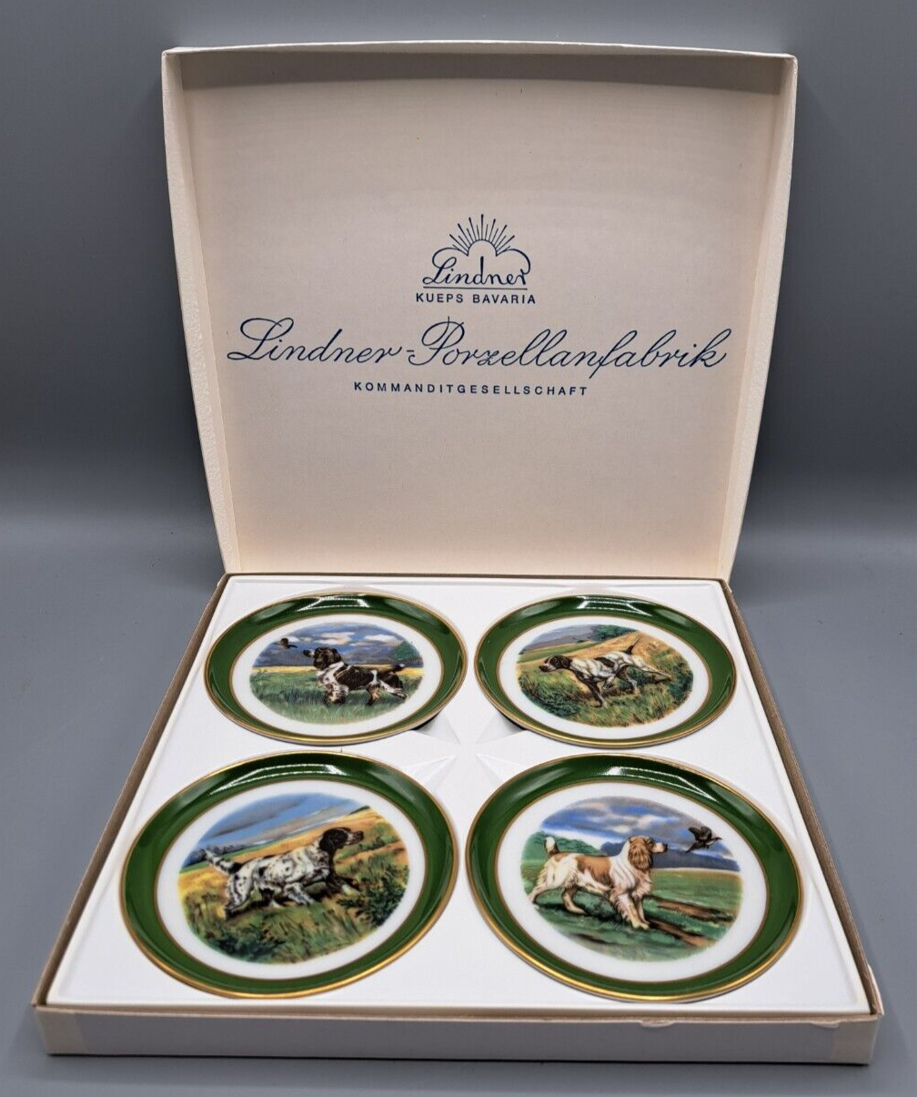 Lindner Porzellanfabrik, Sammlerstück, 4 Unterteller, Hundemotiv 134/10